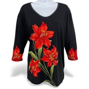 Valentina Red Lily Flower Studded Artsy Blouse Sz 1X​​​